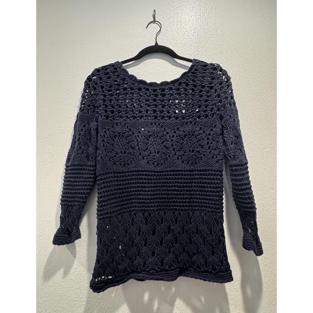 Lucky Brand‎ Navy Blue Crochet Sweater Women’s Size Small Button Back Knit Boho